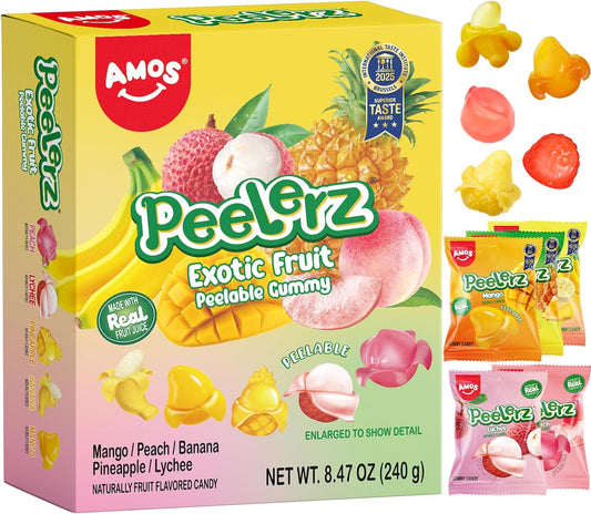AMOS Peelerz Exotic Fruit Peelable Gummy Candy – 5 Fruit Flavors (Mango, Peach, Banana, Pineapple, Lychee), 8.47oz (240g), Individually Wrapped