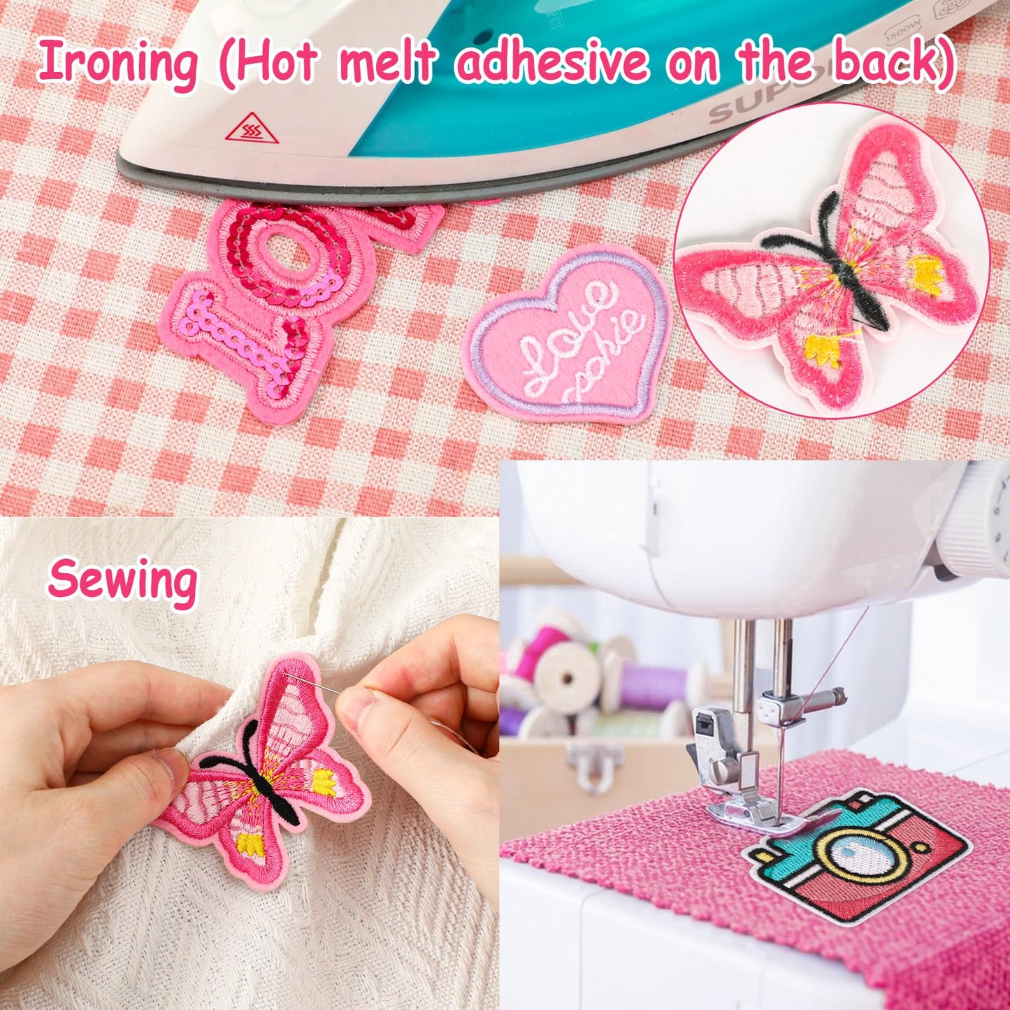 60pcs Pink Embroidered Patches Random Assorted Styles Pink Theme Iron on Patches for Girls Western Cowgirl DIY Sew Applique Repair Patch Cute Preppy Sew on Patches for Backpacks Pants Clothes Jeans