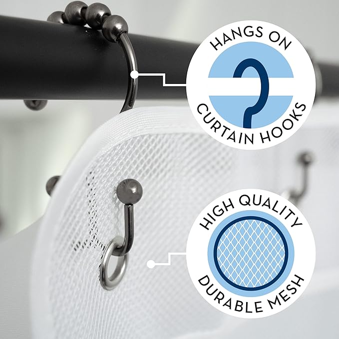 S&T INC. Shower Organizer, Shower Caddy or Bathroom Organizer with Quick Drying Mesh, 7 Pockets to Hold Shampoo, Soap, Loofah, and Cruise Ship Essentials, 14 Inch by 30 Inch, White, 2 Pack