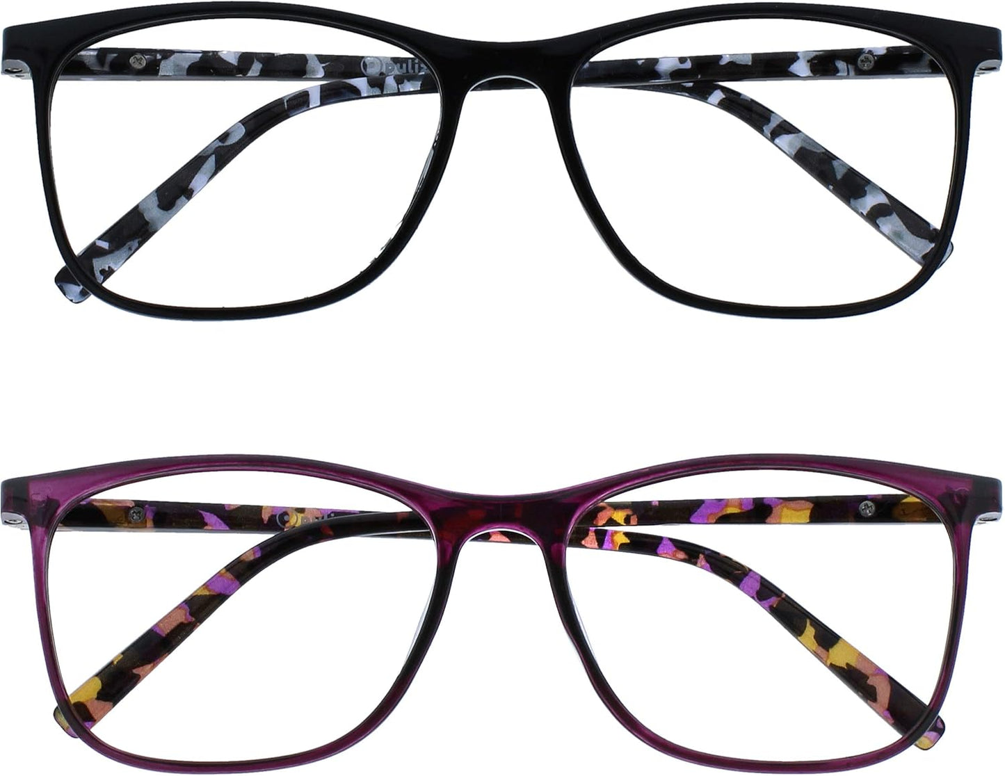 OPULIZE ARC Large Reading glasses for Women Men,Scratch Resistant Rectangular frame with Spring Hinges, Black, Purple+3 (Pack of 2)