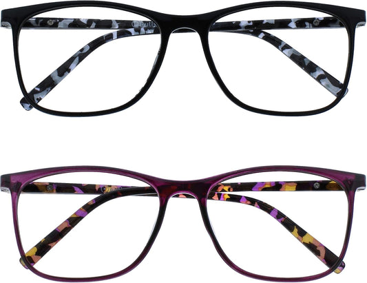 OPULIZE ARC Large Reading glasses for Women Men,Scratch Resistant Rectangular frame with Spring Hinges, Black, Purple+3 (Pack of 2)
