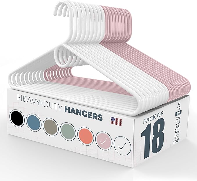 Neaties Super Heavy Duty Clothes Hangers 18 Pack â Made in The USA - 10lb Capacity, Thick Plastic Hangers for Pants, Coats, Jackets, Jeans and Adult Clothing â White & Pink