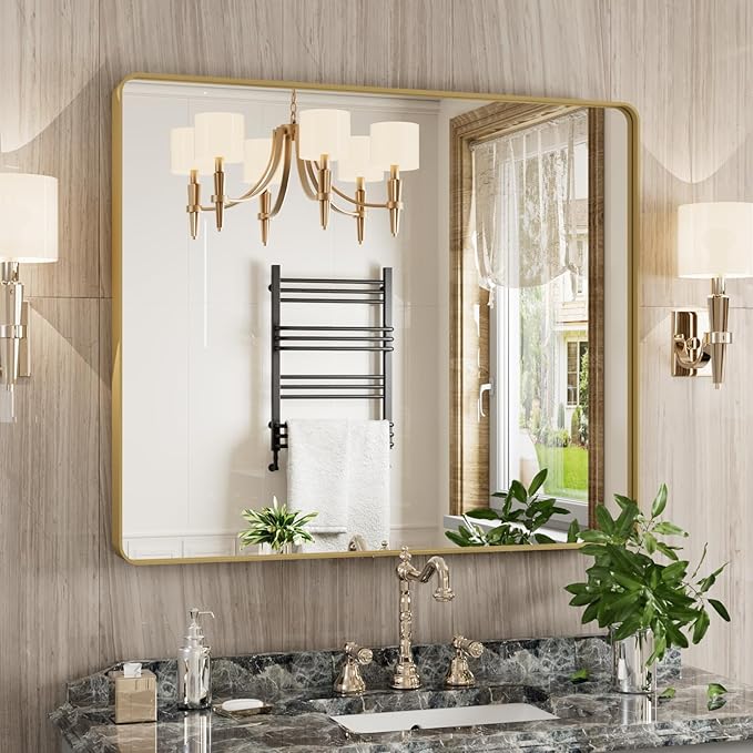 Gold Bathroom Mirror, 30x36 Inch Brushed Gold Metal Frame Mirror for Wall, Rounded Rectangle Bathroom Vanity Mirror, Tempered Glass, Anti-Rust, Horizontal/Vertical