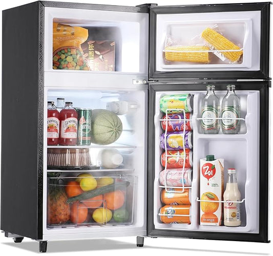 WANAI Mini Fridge with Freezer Two Doors Compact Refrigerator with 7 Setting Adjustable Thermostat Crisper Drawer & Removable Shelves Extra Drink Space Low Noise Freezer-on-Top Refrigerator, Silver