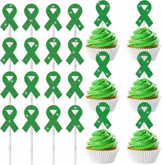 Marspark 48 Pieces Green Ribbon Cupcake Toppers Picks Cake Decorations Mental Health Awareness Cake Topper for Psychology Awareness Party