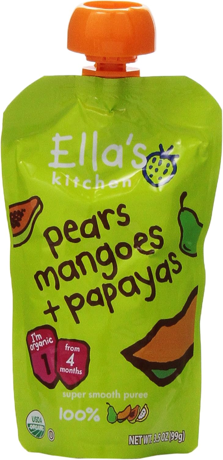 Ella's Kitchen Organic 4+ Months Baby Food, Pears, Mangoes and Papayas Fruit Puree, 3.5 oz. Pouch
