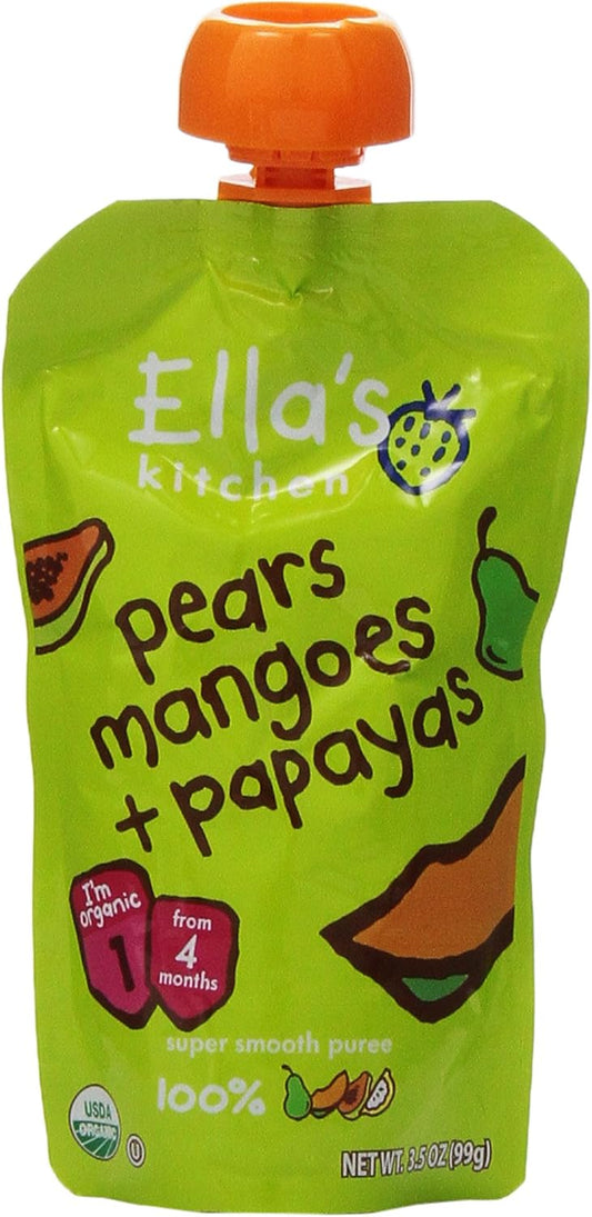 Ella's Kitchen Organic 4+ Months Baby Food, Pears, Mangoes and Papayas Fruit Puree, 3.5 oz. Pouch
