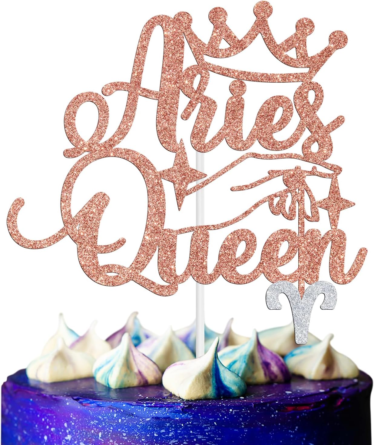 Aries Queen Cake Topper, Aries Season/12 Zodiac Constellation Theme Cake Decor, Big Aries Energy Birthday Party Decoration Supplies for Women, Rose Gold Glitter