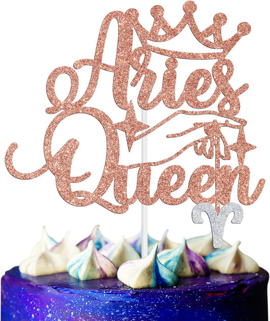 Aries Queen Cake Topper, Aries Season/12 Zodiac Constellation Theme Cake Decor, Big Aries Energy Birthday Party Decoration Supplies for Women, Rose Gold Glitter