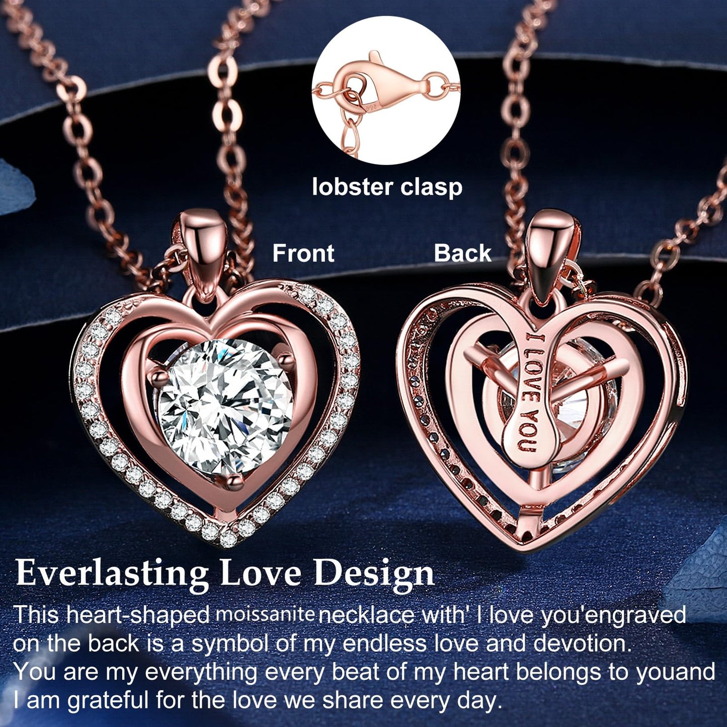 Heart Pendant Gold Necklace for Women Moissanite Lab-Created Gem I Love You Wedding Anniversary Birthday Christmas Valentine Engagements Mothers Day Jewelry for Wife Her Girlfriend Mom Daughter