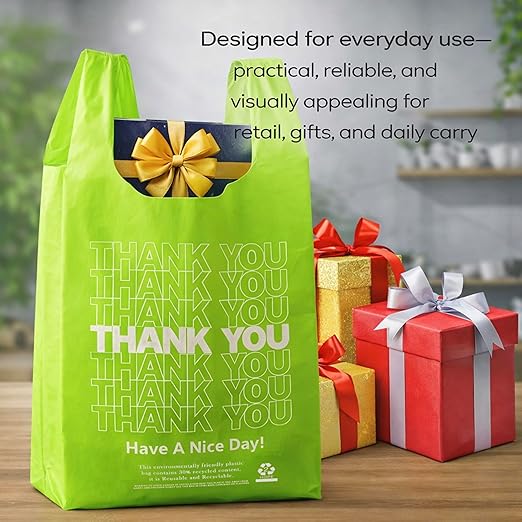 YoYoRain 1000 Pack “Thank You” T-Shirt Bags – Green Plastic Shopping Bags with Handles, Reusable & Disposable, for Takeout, Retail, Grocery, Small Business