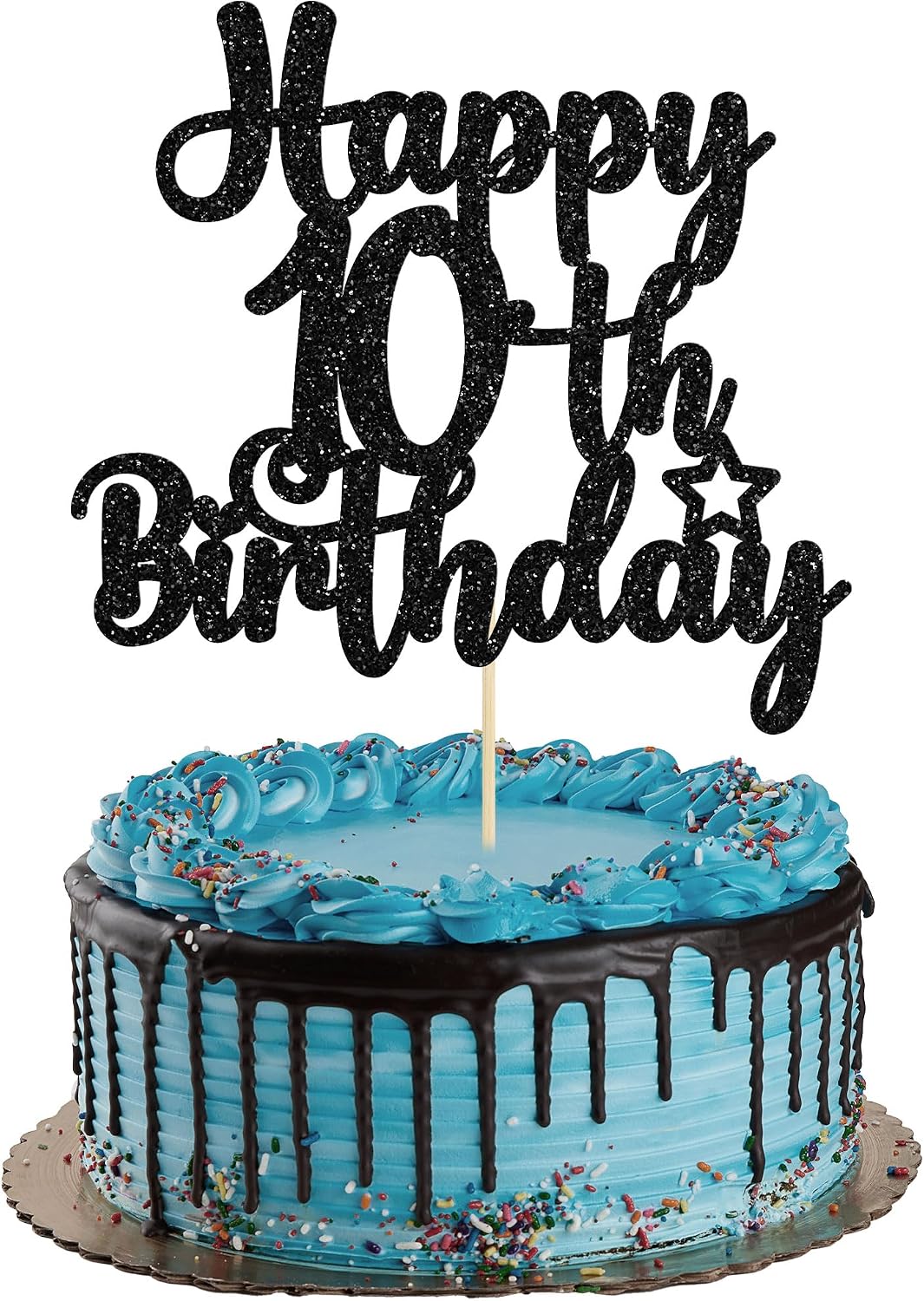 Gyufise 1Pc Happy 10th Birthday Cake Topper Glitter 10 & Fabulous Cheers to 10 Years Old Birthday Cake Pick for Celebrating 10th Birthday Anniversary Party Cake Decorations Supplies Black
