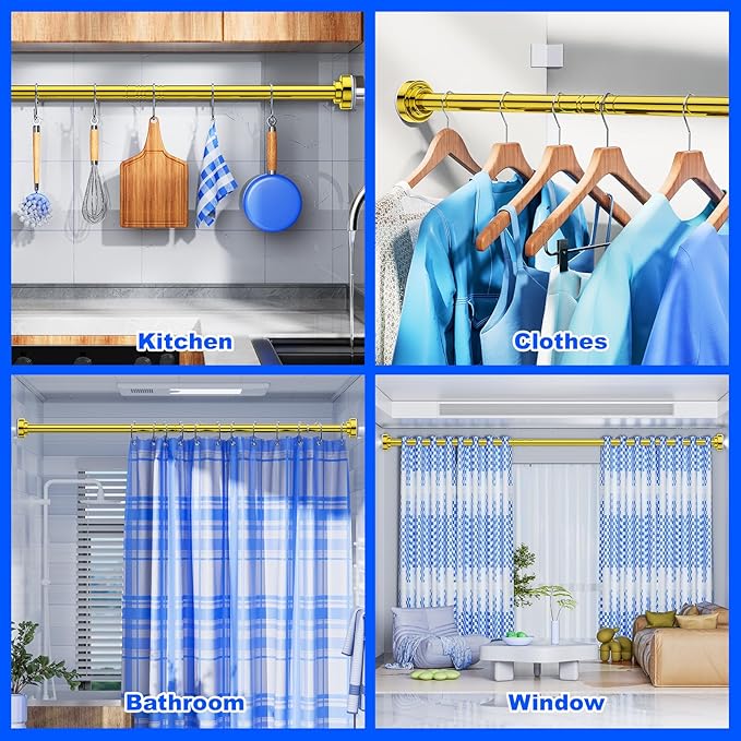 Ausemku Shower Curtain Rod Tension - 26-76 Inch Never Rust Non-Slip Spring Tension Curtain Rod No Drilling Stainless Steel Curtain Rod Use Bathroom Kitchen（Gold）