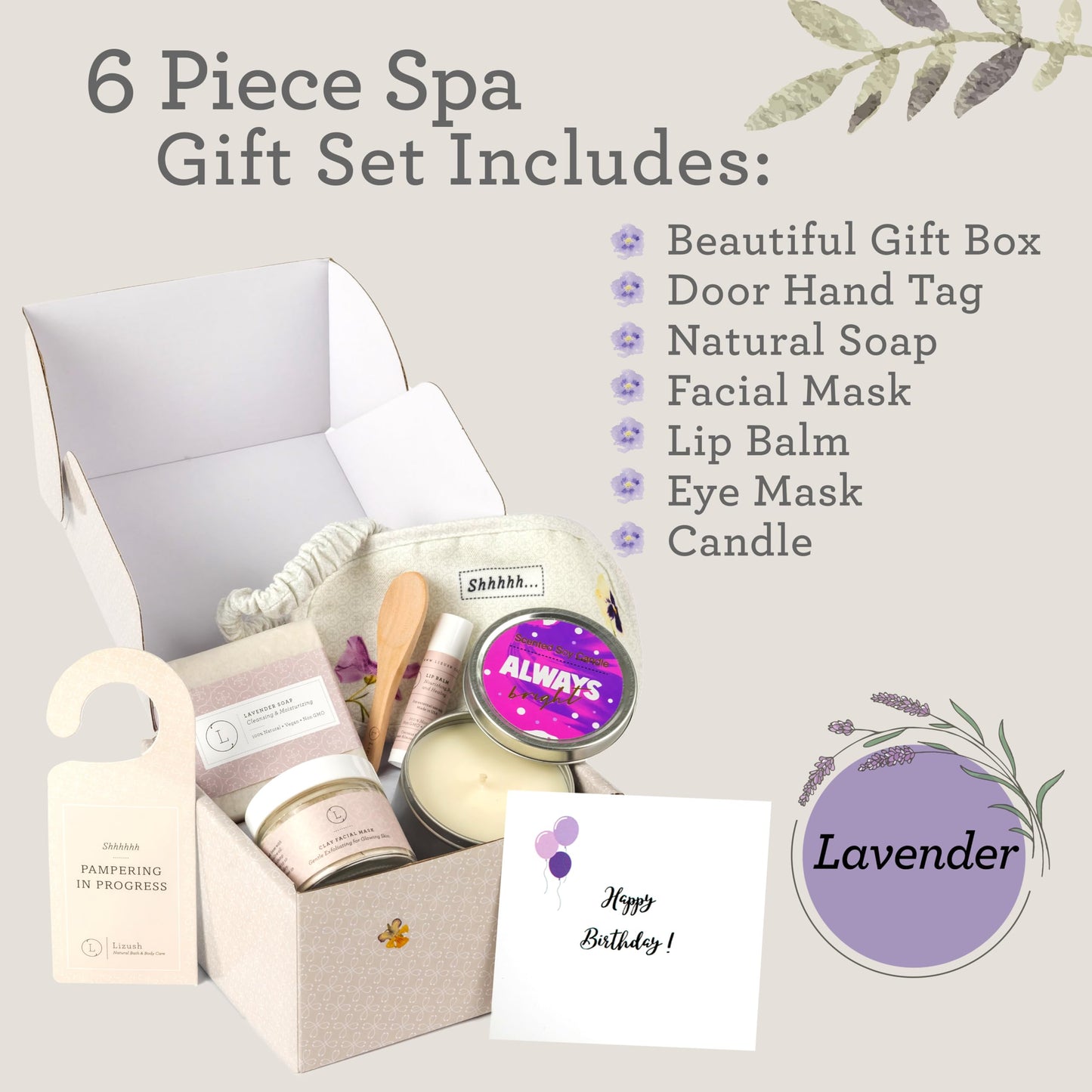 Lizush Luxury 6-Piece Lavender Spa Kit for Women - Relaxation Spa Gift Basket, Self-Care Care Package for Wife - Happy Birthday - Handmade in The USA