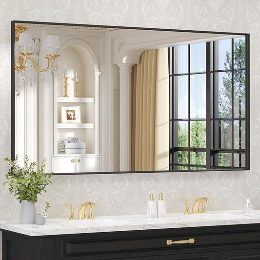 LOAAO Black Bathroom Mirror 60"X28" for Wall, Rectangle Bathroom Vanity Mirror, Tempered Glass, Hangs Vertically or Horizontally, Easy to Install, Modern Design