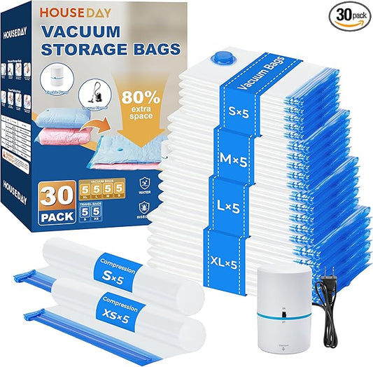 HOUSE DAY 30 Pack Vacuum Storage Bags with Electric Pump, 4 Sizes + 2 Roll-Up (5 Each), Space Saver Vacuum Seal Bags for Clothing, Bedding, Pillows, Travel â Airtight Seal, Reusable & Durable