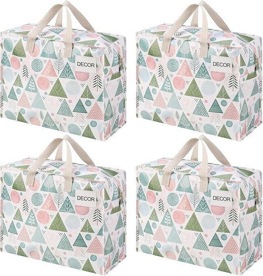 VENO 4 Pack Heavy Duty Moving Bags, Storage Bags, Packing Supplies, Top Zipper, Storage Totes for Camping, Clothes, Bedding, Comforters, Pillows, Christmas Pattern (13 Gallon, Pastel Forest, 4 Pack)