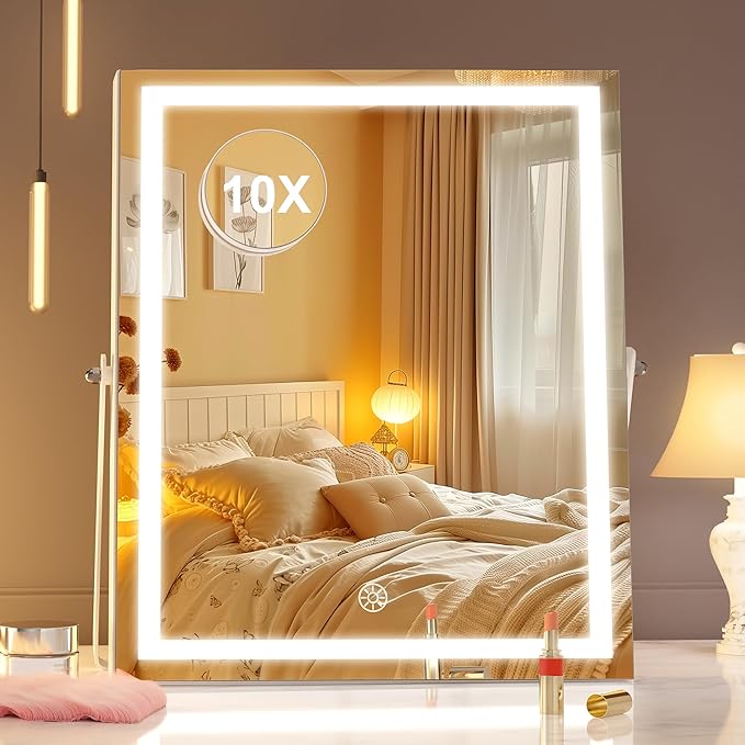 Hasipu Vanity Mirror with Lights, 11.4" x 13.8" LED Makeup Mirror with 10X Magnification, Smart Touch 3 Colors Dimmable, Brightness Adjustment, 360Â° Rotation, White