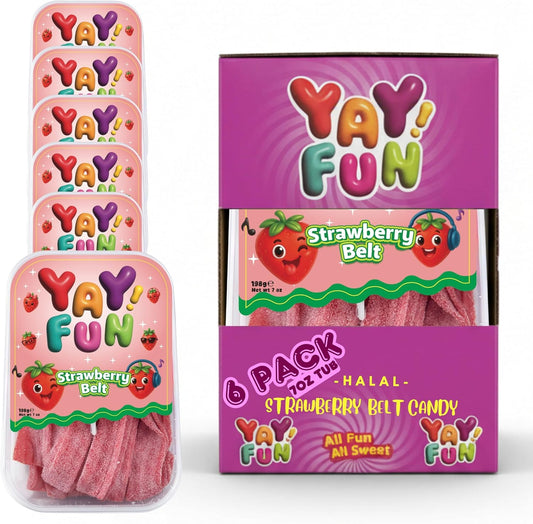 Halal Strawberry Belt Gummy Candy | 6 Pack Bundle (6x7 oz Tubs) | Sweet & Tangy Strawberry Gummy Strips | Resealable Tubs in Bulk with Display Box | Halal Bulk Sour Belt Gummy Candy for Parties & Sharing