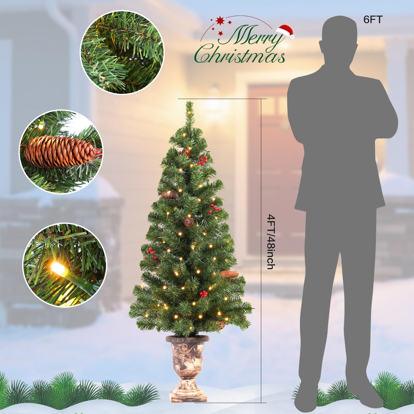 Santanelo 4FT Pre-lit Artificial Potted Christmas Tree with 50 LED Lights，Small Fake Spruce Tree,Xma Pine Cones Tree Decorated with 140 Branch Tips, Pine Cones&Red Berries, Plug in