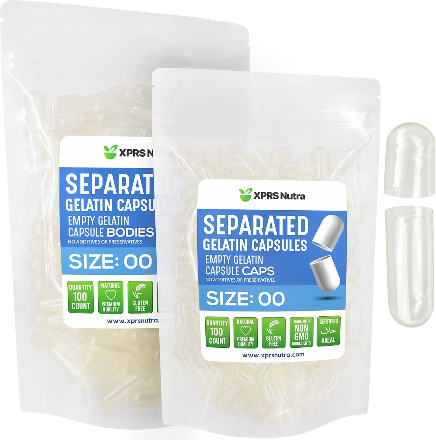 XPRS Nutra Gelatin Size 00 Separated Capsules - 100 Clear Count Gelatin Empty Capsules Separated in Bags -Empty 00 Pills for DIY Supplement Filling