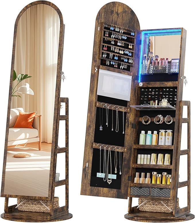 HWB LED Mirror Jewelry Cabinet, 360Â° Swivel Jewelry Organizer Standing, Arched Wide Full-Length Mirror with Storage Shelves, Interior Mirror, Wood Jewelry Armoire for Lady Girls, Brown