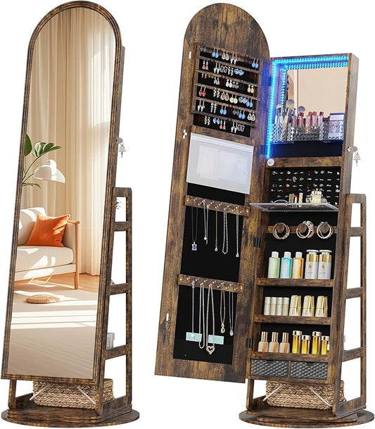HWB LED Mirror Jewelry Cabinet, 360Â° Swivel Jewelry Organizer Standing, Arched Wide Full-Length Mirror with Storage Shelves, Interior Mirror, Wood Jewelry Armoire for Lady Girls, Brown