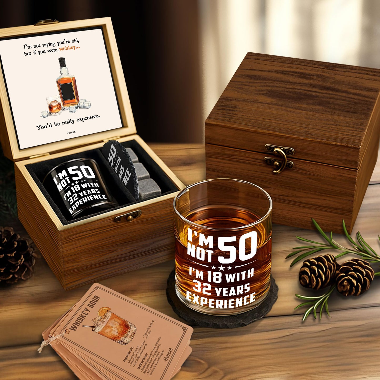 Harmora 50th Birthday Gifts for Men – Funny Whiskey Glass Set for Him Born in 1975 – 50 Year Old Gift Ideas for Dad, Husband, Friends – Wooden Box, Coaster, Cards
