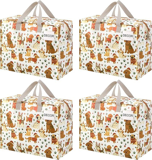 VENO 4 Pack Heavy Duty Moving Bags, Storage Bags, Packing Supplies, Top Zipper, Storage Totes for Camping, Clothes, Bedding, Comforters, Pillows, Christmas Pattern (13 Gallon, Holiday Pups, 4 Pack)