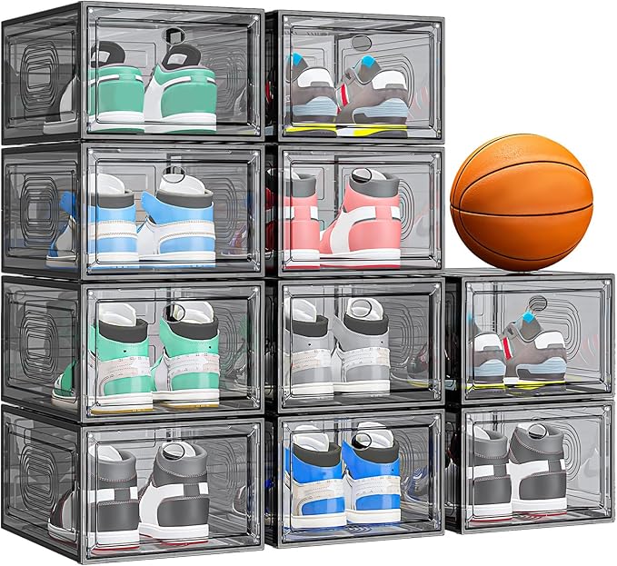 10 Pack Thicken Shoe Organizer Stackable,Upgraded Sturdy Shoe Storage Box with Magnetic Door,Shoe Containers For Sneaker Display,Hat Organizer,Blackâ¦