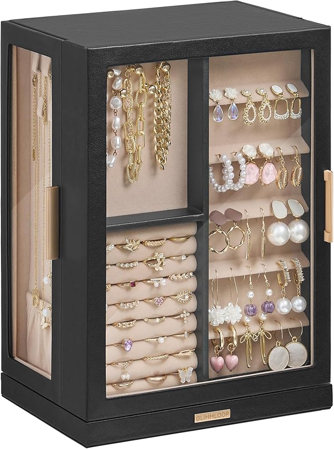 360Â° Rotating Jewelry Box with 7 Drawers, Spacious Vertical Jewelry Organizer with Glass Window, Jewelry Storage Case, Dustproof & Moisture-resistant Design, Black