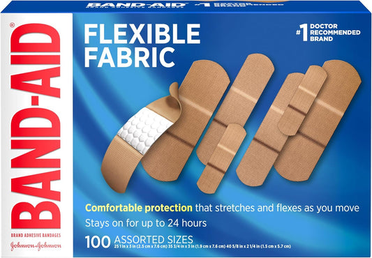 BAND-AID Brand Flexible Fabric Adhesive Bandages, Comfortable Sterile Protection & Wound Care for Minor Cuts, Scrapes & Burns, First Aid Kit Essential, Non-Stick Hurt-Free Pad, Assorted Sizes, 100 Ct
