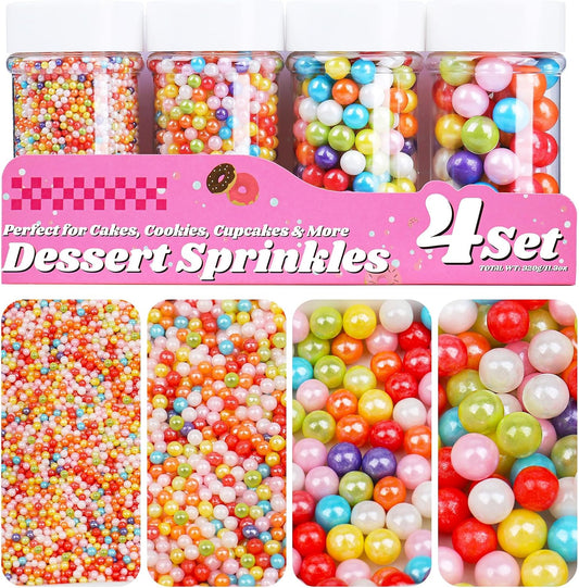 Rainbow Sprinkles for Cake Decorating, 11.3 Oz Edible Pearls Sugar Large Capacity, 4 Jars Set Colorful Sprinkles for Baking Cookie Cupcake Ice Cream Topping