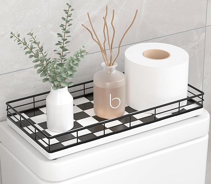 Toilet Tank Tray Organizer â Oak Wood Bathroom Counter Basket with Metal Frame, Back of Toilet or Tank Top Paper Holder Storage â Black & White Modern Decor