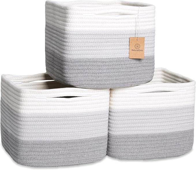 NaturalCozy Storage Cubes 9âx9âx7âCotton Rope Woven Baskets for Organizing 3-Pack | 9 Inch Cube Storage Bin | Small Basket for Shelf Nursery, Pantry, Decorative Plant, Bathroom Closet, Toy Gift