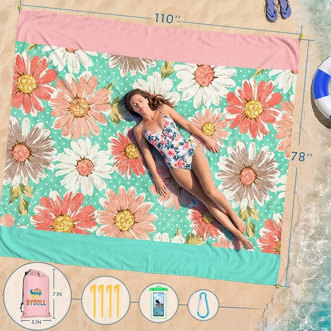 BYDOLL Beach Blanket Waterproof Sandproof 78''×110'' Suits1-7 Adults Compact Lightweight Oversized Sand-Free Blanket Large Picnic Mat for Beach Travel Camping Hiking
