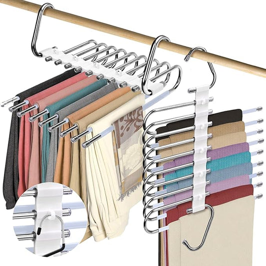 2Pack 9 Layers Foldable Pants Hangers Space Saving Trouser Hanger Multifunctional Trouser Rack Hanger Hanging Hole for Wardrobe Trousers Scarf Jeans (White)
