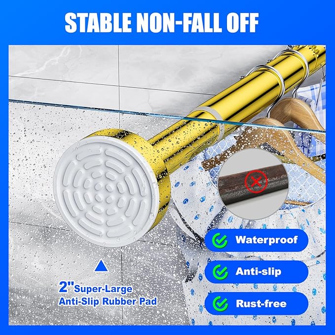 Ausemku Shower Curtain Rod - 32-92 Inch Rustproof Tension Rod, Non-Slip Spring Design, No Drilling Adjustable Curtain Rod for Bathroom, Kitchen, and Closet（Gold）