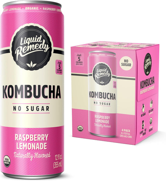 Liquid Remedy Kombucha Sugar Free Organic Drink, Low Calorie, Probiotic Like Tea for Gut Health - Raspberry Lemonade - 12 Fl Oz Can, 4-Pack