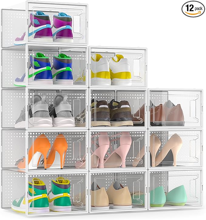 Secret Space 12 Pack X Large Shoe Organizer Storage Boxes for Closet, Modular Space Saving Shoe Boxes Clear Plastic Stackable Sneaker Containers Display Case with Lids, White
