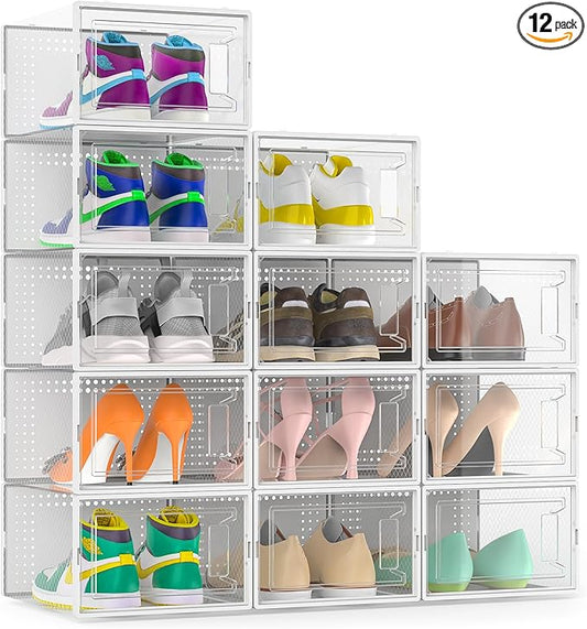 Secret Space 12 Pack XX Large Shoe Storage Organizer for Closet, Modular Space Saving Shoe Boxes Clear Plastic Stackable Containers Display Case Bins with Lids, Shoe Rack for Sneaker Storage, White
