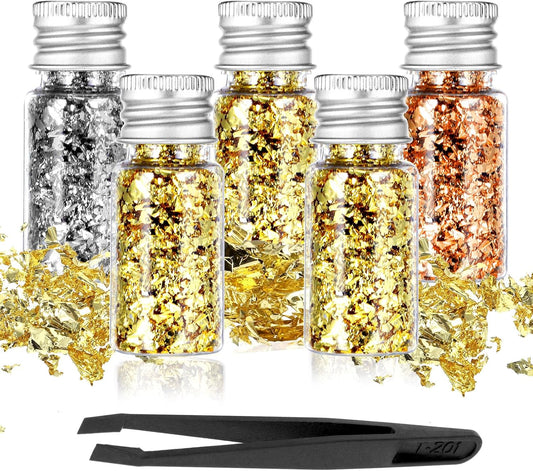 PEOVLVN 5 Bottles Edible Gold Flakes, Gold Leaf Cake Decoration Gold Leaf Sheets for Cooking Dessert Baking Gold Foil Chocolates Decor Gold Flakes for Nails Art Crafts Makeup (3 Colors)