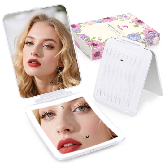 1X/10X Magnifying Makeup Mirror with 3 Colored Lights and Touch Control, 2700mAh Rechargeable LED Vanity Mirror for Home, Bathroom and Travel (Pearl White, with LED Lights)