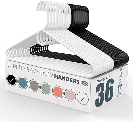 Neaties Super Heavy Duty Clothes Hangers 36 Pack â Made in The USA - 10lb Capacity, Thick Plastic Hangers for Pants, Coats, Jackets, Jeans and Adult Clothing â White & Black