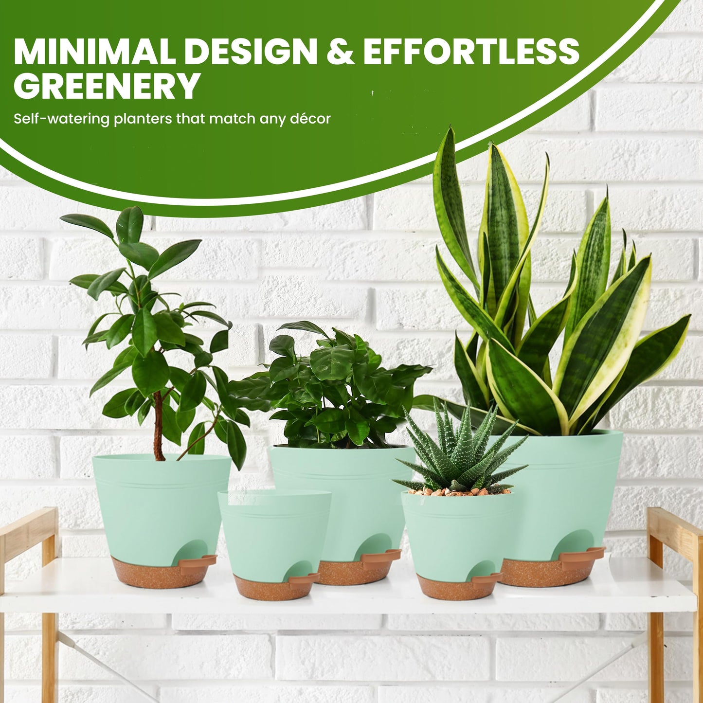 Utopia Home Self Watering Pots for Indoor Plants, Planters for Indoor Plants, Multi-Size Flowerpot, Set of 5 Plant Pots with Drainage & Reservoir, 6.8"/6.4""/5.9""/5.5""/4.9"" (Olive Green)"