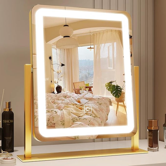 ROLOVE Gold Vanity Mirror with Lights, 15"x13" Lighted Makeup Mirror with Smart Touch, 3-Color Dimmable Lighting, 360Â° Rotation, Tabletop Mirror for Desk or Bedroom
