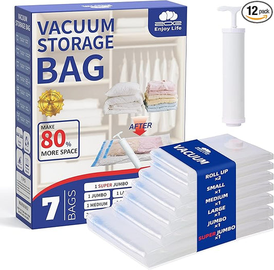 Vacuum Storage Bags for Clothing Travel,7 Pack Vacuum Bags with Pump,Space Saver Bags for Clothes Travel & Home (2 Roll-Up Bags,1 Small,1 Medium,1 Large,1 Jumbo,1 Super Jumbo)