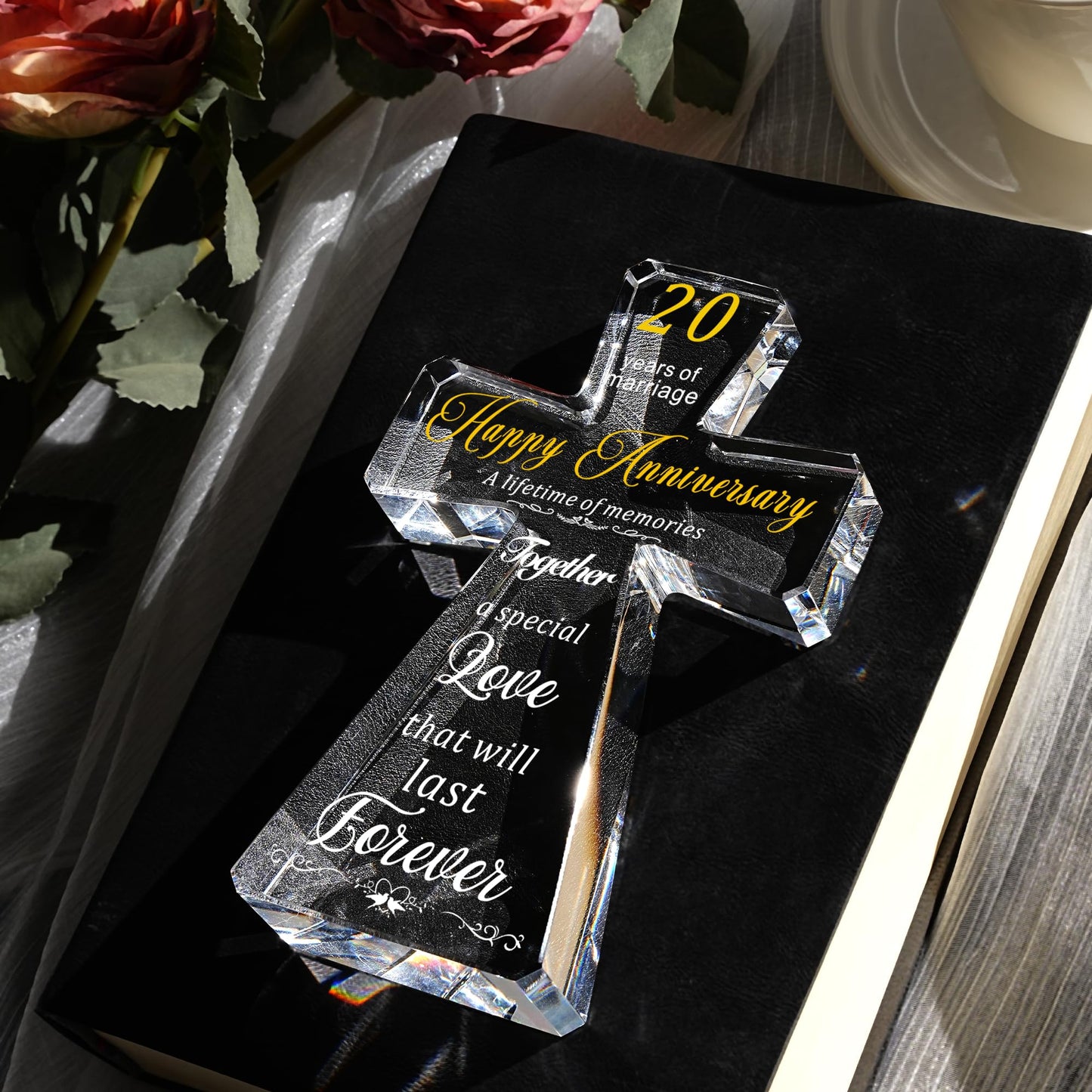 JOASURA 20th Wedding Anniversary Crystal Cross Gifts for Couple, 4x6” Laser Engraved 20 Years of Marriage Religious Gift for Parents