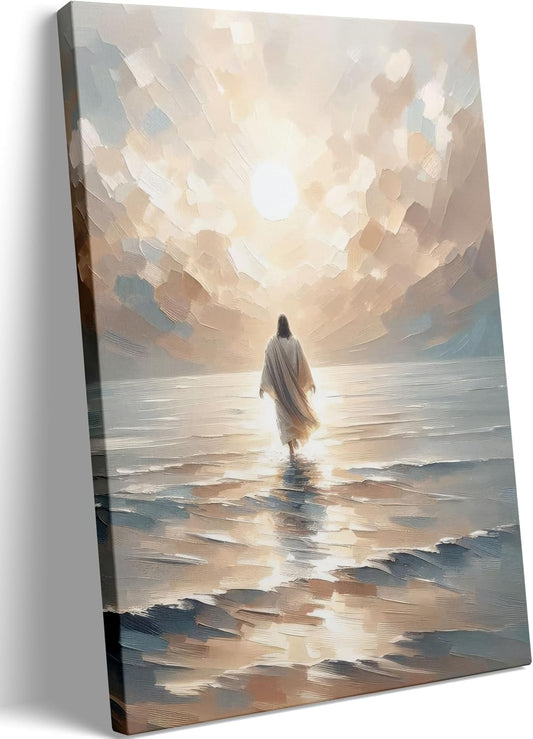 Jesus Walking on Water Canvas Wall Art Jesus Christian Posters Prints Sacred God Walking on Ocean Beach Painting Pictures for Living Room Bedroom Bathroom Office Wall Decor Framed