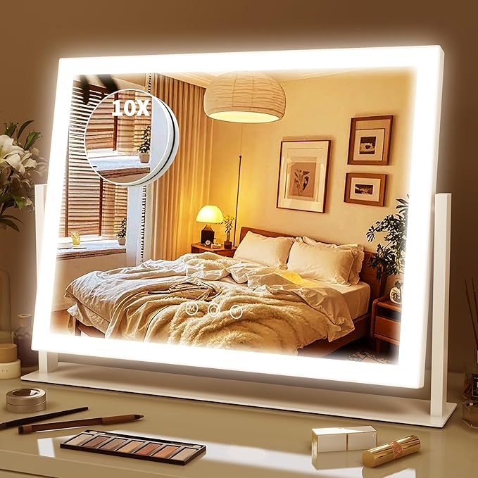 ROLOVE Lighted Makeup Mirror 16.3"x12.6", Hollywood Vanity Mirror with 10X Magnifier, 3 Color LED Lighting Modes, Smart Touch Control & 360Â° Rotation, Tabletop Makeup Mirror (White, Gift Ready)